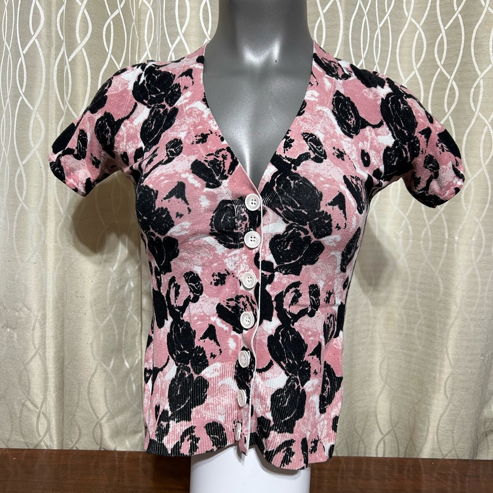 Ricky’s Floral Button-Up Pink, White and Black Women's Sweater